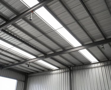 A skilled roofer installing metal sheets on an industrial building under a clear blue sky.