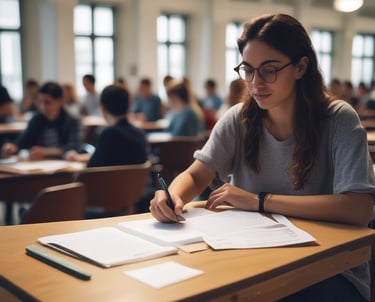 Student filling out enrollment paperwork at a cozy desk