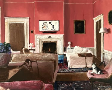 a painting of a living room with a cat sitting on a chair