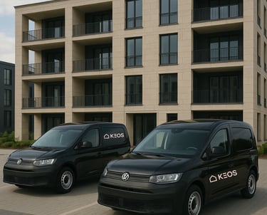 two vans parked in front of a building
