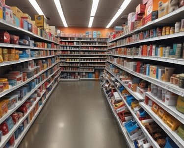 A colorful pet store section with a vibrant blue and yellow floral theme. Shelves are filled with pet party kits, grooming products, and toys. A plush cushion shaped like a flower with a smiley face is placed in the corner along with stuffed animals resembling dogs and lions. The area is labeled as 'Pet Zone' with a prominent sign.