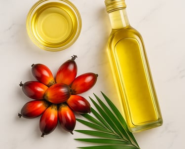 a bottle of oil and palm oil next to a palm leaf