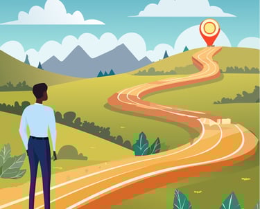 Person standing on a winding road leading through hills toward a destination marker under a blue sky