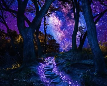 chemin lumineux dans une foret avec ciel étoilé vers le subconscient sous hypnose