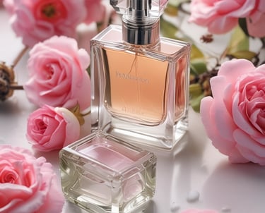 a bottle of perfume next to a glass jar with a red cap