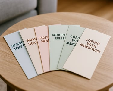 Photograph of several informational leaflets spread out on a coffee table, suggesting health or well