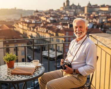 Un adulto consolidado sentado en un balcon de un pueblo magico sonriendo