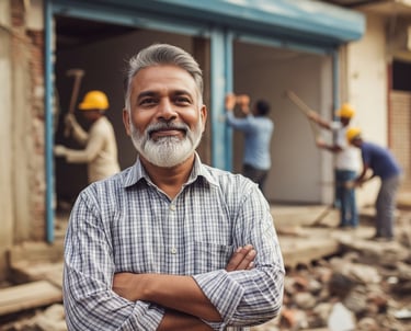 Imagen de un empresario de la construcción con sus trabajadores en la parte de atras