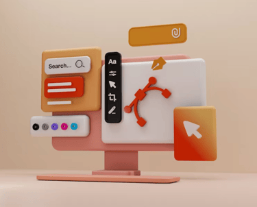 Kompiuterio monitorius su web dizaino įrankiais, simbolizuojančiais svetainės dizaino sudėtingumą ir