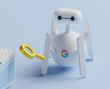 robotas su padidinamuoju stiklu ir Google logotipu, simbolizuojantis SEO optimizaciją