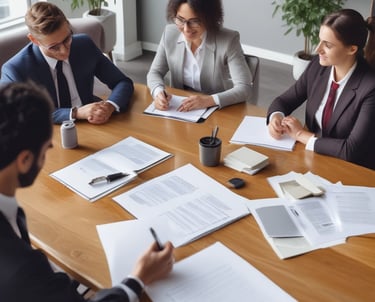 Diverse business professionals in a corporate board meeting reviewing documents and taking notes at a conference table.
