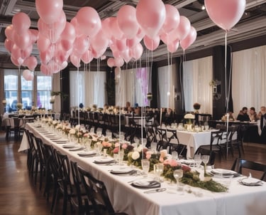 An outdoor event space is decorated with draped white fabric, tables, and chairs under a canopy. Green lighting illuminates the surrounding greenery, creating a vibrant atmosphere. Several people are visible in the background, suggesting a social gathering.