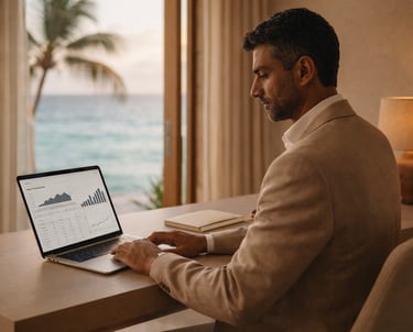 Consultant hôtelier expert analysant la performance et la valeur d’un hôtel dans les Caraïbes sur ordinateur portable,