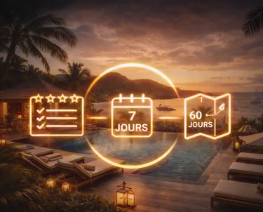 Visuel premium Caraïbes au coucher du soleil avec icônes checklist, calendrier et carte symbolisant diagnostic, plan 7 jours