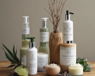 A bathroom shelf holding various skincare products, including bottles and tubes labeled with text like 'JAPANFUSION' and 'RETINOL'. A metal-framed mirror stands beside a potted green plant in a blue ceramic pot. The sink below features a chrome faucet with vintage-style handles, and a bar of soap is placed beside the skincare items.