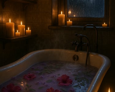a bathtub with candles and flower petals in a dark room