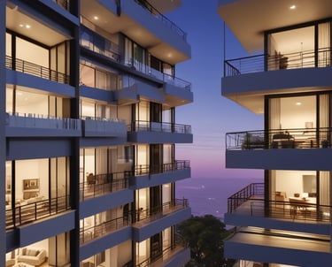 A modern glass skyscraper features illuminated windows and staggered terraces, with a prominent company logo at the top corner glowing against an overcast sky.