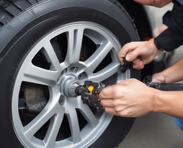 A nighttime view of an automotive repair shop with the name 'Main Street Automotive' illuminated in bright lights. The building has signs for Pennzoil and the entrance is open, revealing vehicles inside the garage. A car is parked in front of the building, and there is a large concrete structure on the right side.