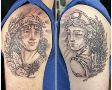 Greek Gods Apollo and Artemis arm tattoo with line art and stipple shading