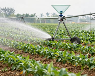 Automatic mobile irrigation system spraying water onto crops in a commercial farm field.