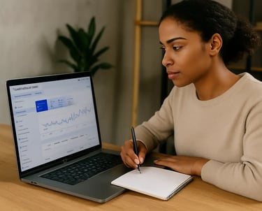 Woman reviewing website analytics on a laptop.