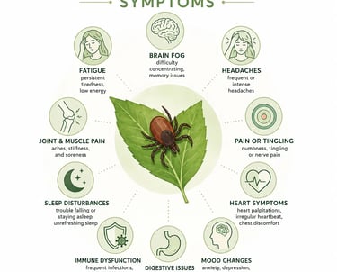 Infographic showing chronic Lyme disease symptoms like brain fog, fatigue, and joint pain around a tick.