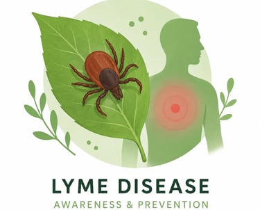 Lyme disease awareness illustration featuring a tick on a leaf and a bullseye rash on a human silhouette.