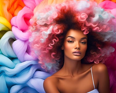 Beautiful Black woman with large, vibrant pink and pastel-colored Afro hair against a rainbow fluid 