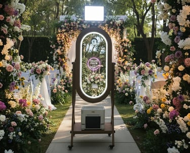 Retro wooden magic mirror photobooth rental for weddings and gathering events