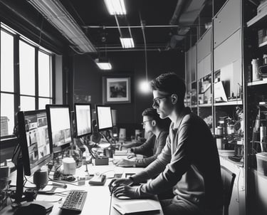 A modern workspace with a laptop, notebook, and coffee cup on a clean desk.