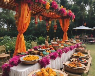 A beautifully arranged catering setup for a wedding event.