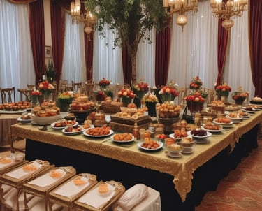 A beautifully arranged catering setup for a wedding.
