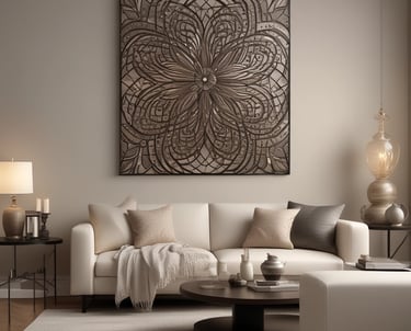 A busy market stall filled with a variety of shiny brass and copper kitchenware and decorative items. The items are stacked high on shelves and tables, reflecting the light and creating a warm, metallic ambiance. A person is sitting among the items, partially obscured by the abundance of metallic goods.