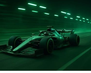 carro de Fórmula 1 em um circuito moderno, destacando tecnologias sustentáveis