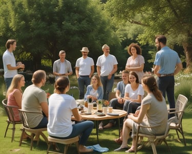 A person is seated on the ground in a meditative pose, holding a red-tipped percussion mallet to their forehead. They are wearing a beige shirt and loose blue patterned pants. In front of them, a large singing bowl is placed on the ground. The background features a clear blue sky and some green trees.