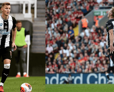 Newcastle United footballer Emil Krafth playing in a Premier League match at St James' Park.