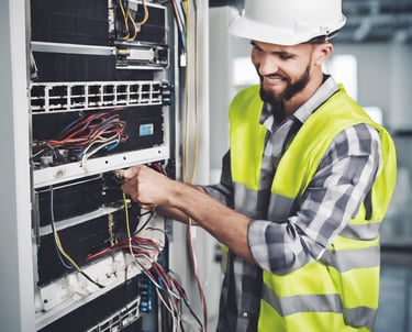 A sidewalk lined with trees and bushes next to tall buildings