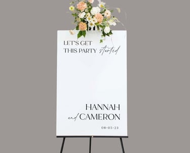 white wedding sign for Hannah and cameron