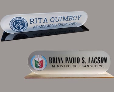 Rita Quimboy and Brian Lacson. Desk name plate