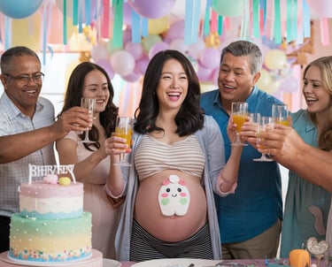 a pregnant woman is holding a glass of champagne while a man and woman are standing