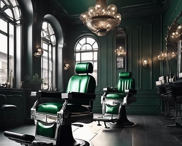 a barber shop with two men standing in front of it