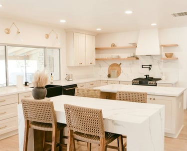 white finished modular island kitchen with breakfast counter