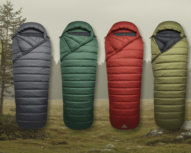 Different types of sleeping bags with a forest back drop