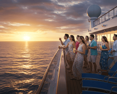 a group of people standing on a cruise ship