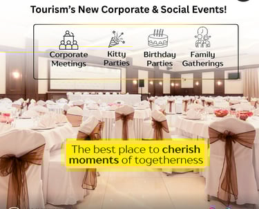 Elegant banquet hall decorated for corporate meetings, kitty parties, birthday celebrations.