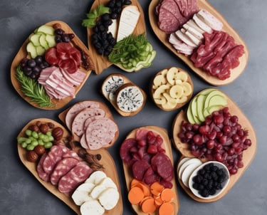 A wooden table is set with a large charcuterie board featuring an assortment of meats, cheeses, and accompaniments. Slices of cured meats like salami and prosciutto are arranged alongside wedges of various cheeses, including a wheel of Brie with a piece cut out. The board also contains small pickles, olives, grapes, and a bowl of nuts. A whole baguette and a slice are placed beside the board, and there is a small serving knife on the table.