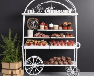 A mobile coffee cart adorned with white flowers and decorative grasses. It features a black menu board displaying various coffee options with prices, such as espresso, cappuccino, and cafe latte. Behind the board, there is a shiny coffee machine and various items neatly placed around it, including wicker baskets. The atmosphere appears relaxed and charming.