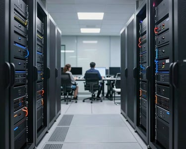 A presentation takes place in a modern conference room with a group of professionals seated, and two presenters standing near a projected screen. The screen displays a web page with the McAfee Security Scan Plus showing. The atmosphere is formal and focused, as attendees appear to be discussing or reviewing the content.