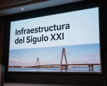 Photography of a professional conference stage with a large screen displaying the words 'Infraestructura del Siglo XXI' and a photo of a modern bridge.