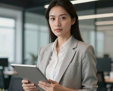 Professional headshot of a female engineer holding a tablet, standing in a modern office with steel and glass elements. Professional attire.